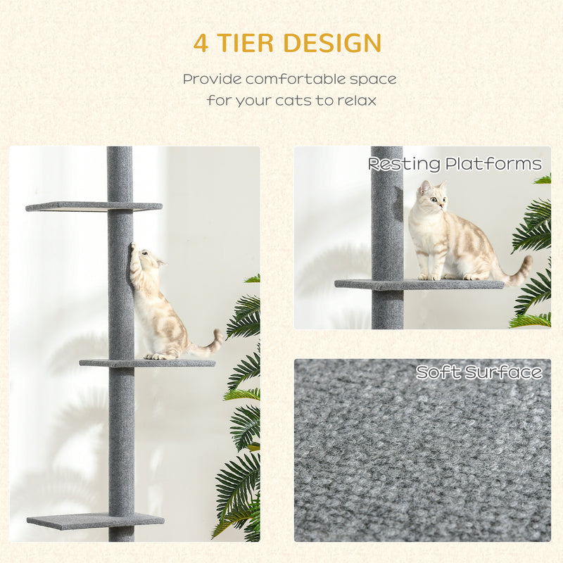 PawHut 260cm Floor To Ceiling Cat Tree Kitten Tower w/ Adjustable Height - Grey