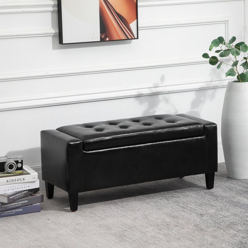 HOMCOM 40x90cm PU Leather Storage Ottoman Bench Wood Frame w/ Tufting Feet Black