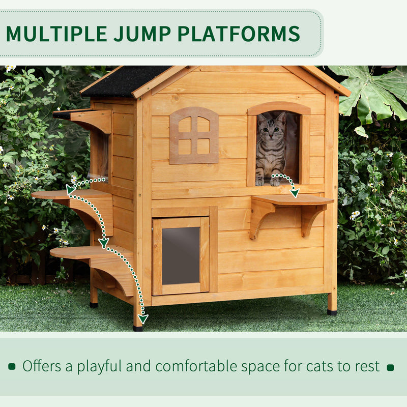 PawHut Wooden Cat House Cat Cave Pet Shelter Condos Outdoor Natural Wood Finish