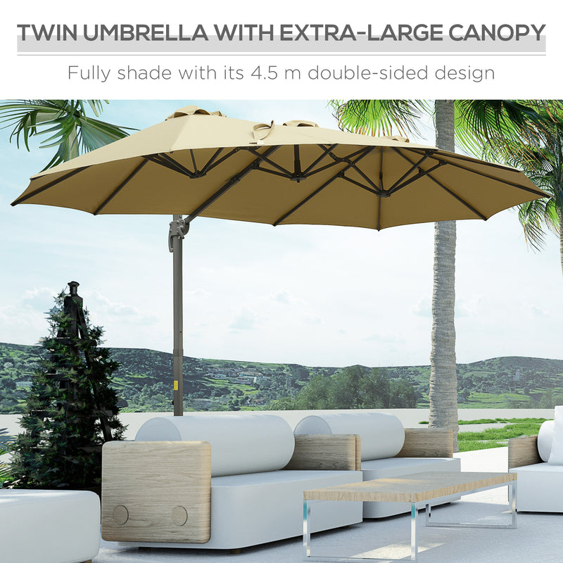 Outsunny 4.5 m Double Garden Parasol Garden Umbrella w/ Crank Handle Khaki