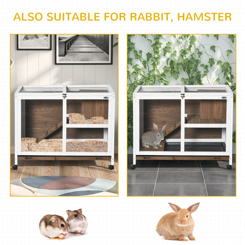 PawHut Wood Rabbit Hutch Bunny Cage Pet House Indoor W/ Tray Ramp, Brown