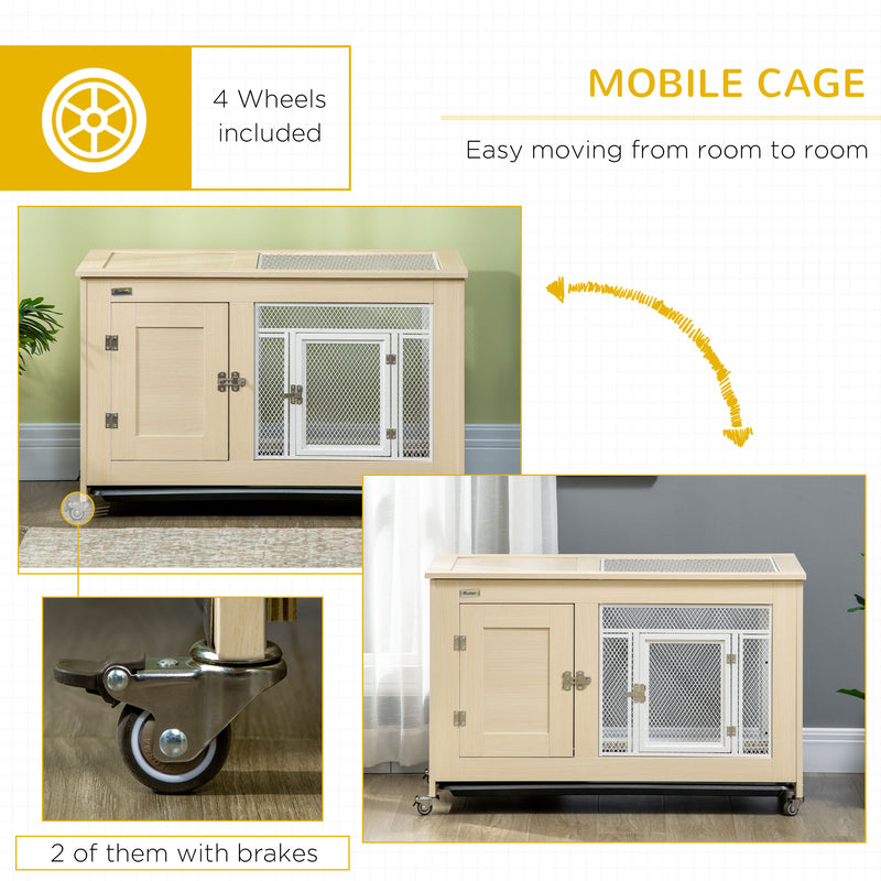 PawHut Rabbit Hutch with Wheels, Openable Roof, Removable Tray - Oak Tone