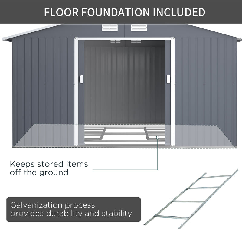 Outsunny 13 X 11ft Outdoor Garden Storage Shed w/2 Doors Galvanised Metal Grey