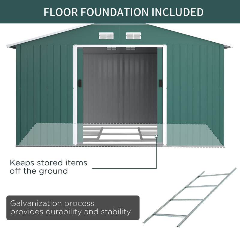 Outsunny 13 X 11ft Garden Storage Shed w/2 Doors Galvanised Metal Green