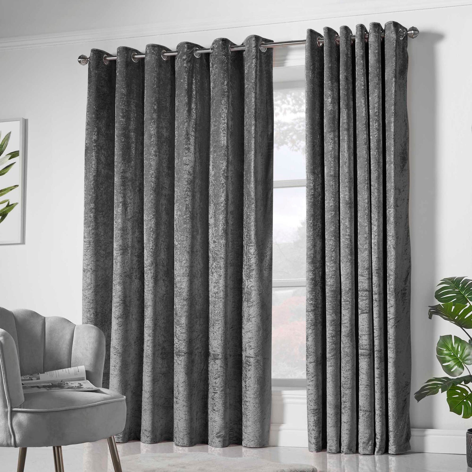 Lewis's Amelia Eyelet Curtains - Crushed Velvet - Charcoal Grey