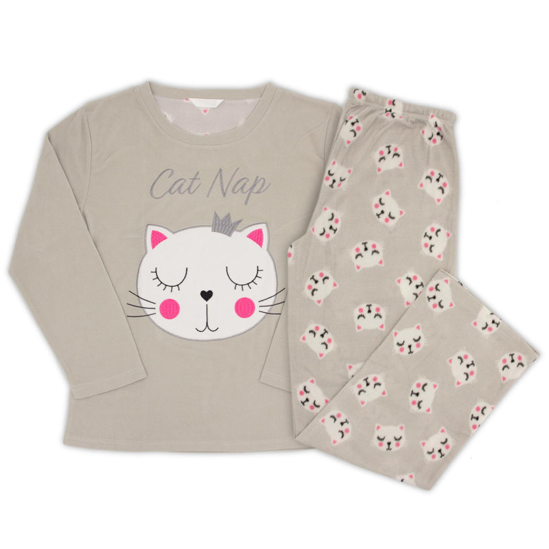 Ladies Cat Nap Fleece Pyjama-Grey