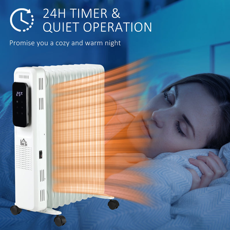 HOMCOM 2720W Oil Filled Radiator, 11 Fin Portable Electric Heater with LED Display, 24H Timer, 3 Heat Settings, Adjustable Thermostat, Safety Cut off, Remote Control, White