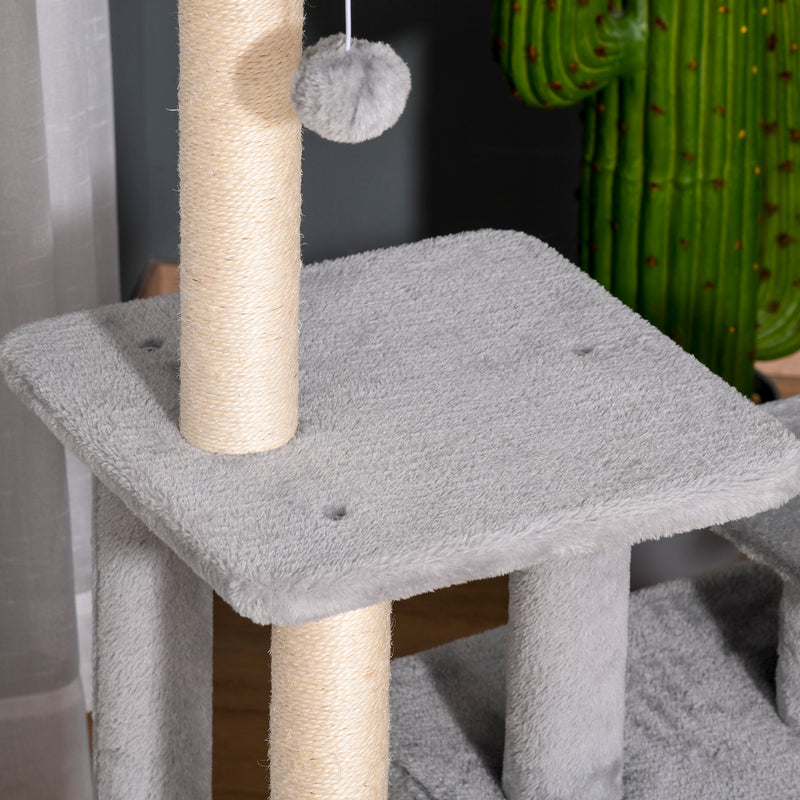 PawHut Cat Tree Activity Center w/ Scratching Post Sisal Hanging Ball Light Grey