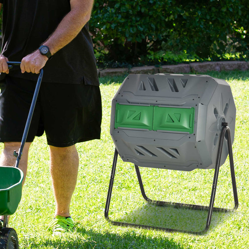 Outsunny 160L Outdoor Tumbling Compost Bin w/ Dual Chamber, Sliding Doors, Grey