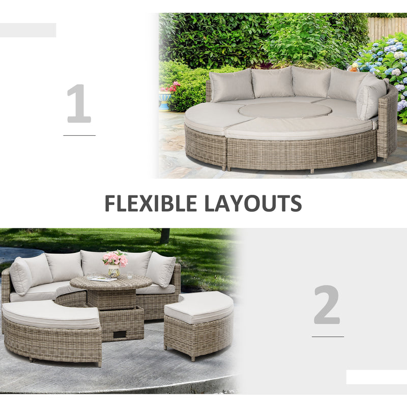 Outsunny 5 PCs Outdoor Rattan Lounge Chair Round Daybed Table Set w/ Cushion