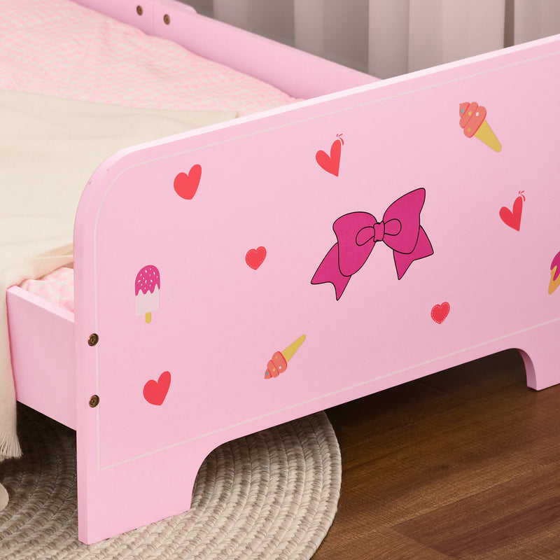 ZONEKIZ Kids Toddler Bed w/ Cute Patterns, Safety Rails - Pink