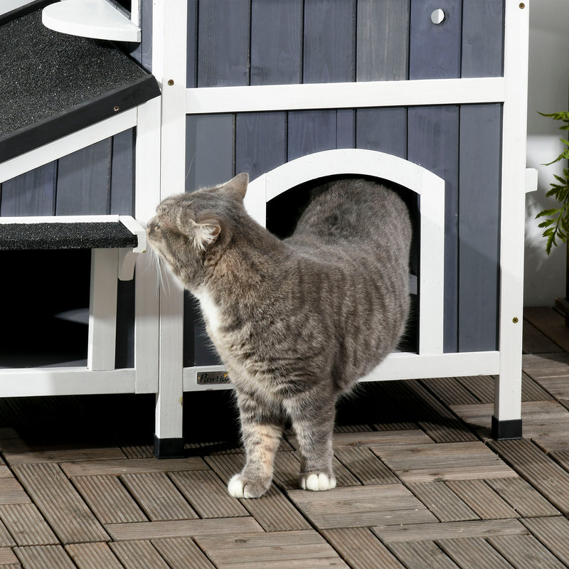 PawHut Wooden Outdoor Cat House w/ Flower Pot, Windows, Multiple Entrances