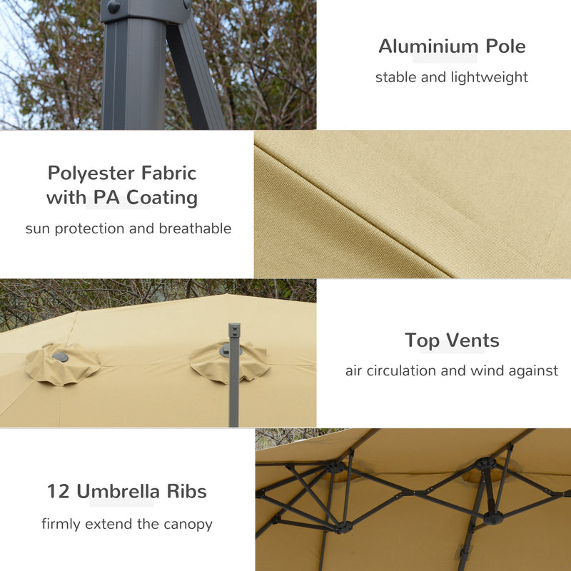 Outsunny 4.5 m Double Garden Parasol Garden Umbrella w/ Crank Handle Khaki