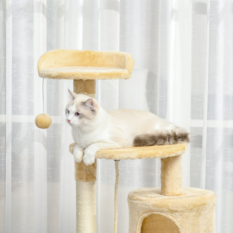 PawHut Cat Tree Activity Centre Scratching Post With Toys 4-tier Beige 114cm