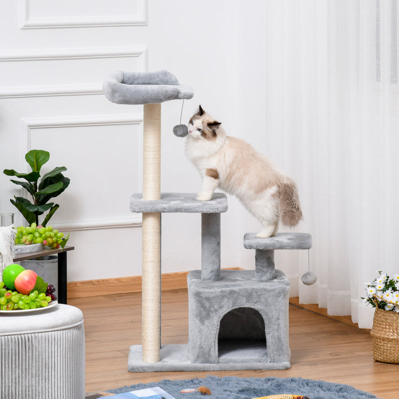 PawHut Cat Tree Activity Center w/ Scratching Post Sisal Hanging Ball Light Grey