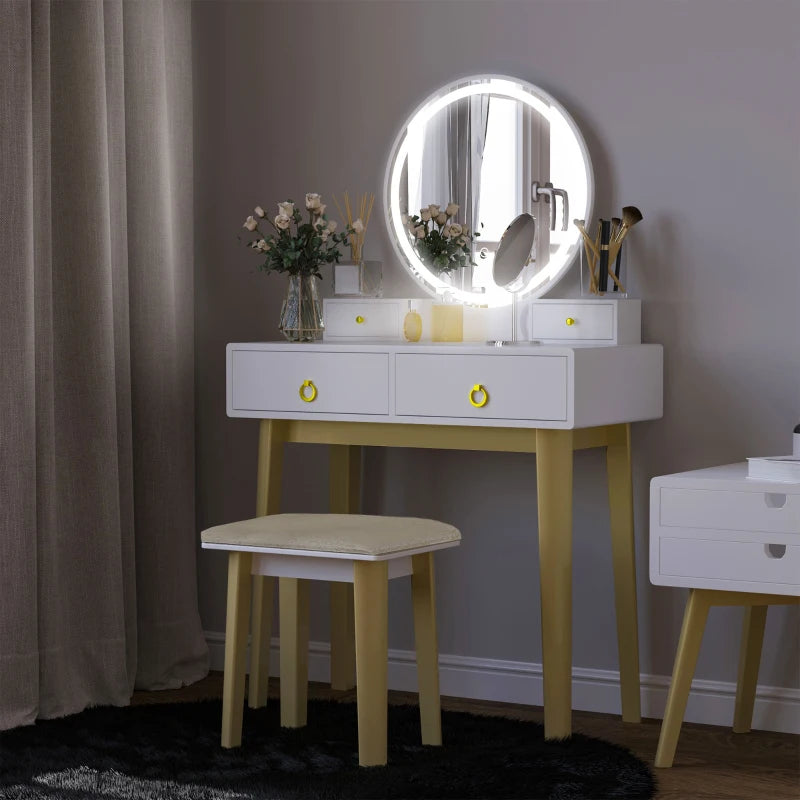 HOMCOM Dressing Table & Stool with Mirror and LED Lights - White