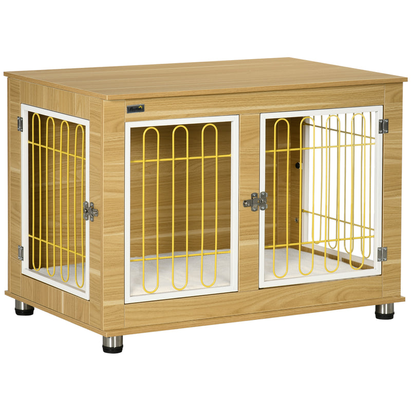 PawHut Dog Crate Furniture End Table w/ Soft Cushion, Double Door - Oak Tone