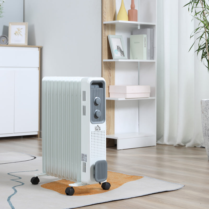 HOMCOM Oil Filled Radiator 11 Fin Portable Heater w/ Wheels and 3 Heat Settings, White