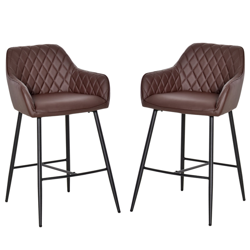 HOMCOM Set Of 2 Retro PU Leather Bar Chairs Set Stylish w/ Footrest Metal Frame