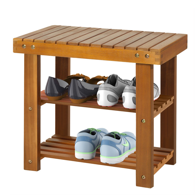 Acacia Wood Shoe Bench  3-Tier Shoe Storage Rack Hallway Organizer Shelf