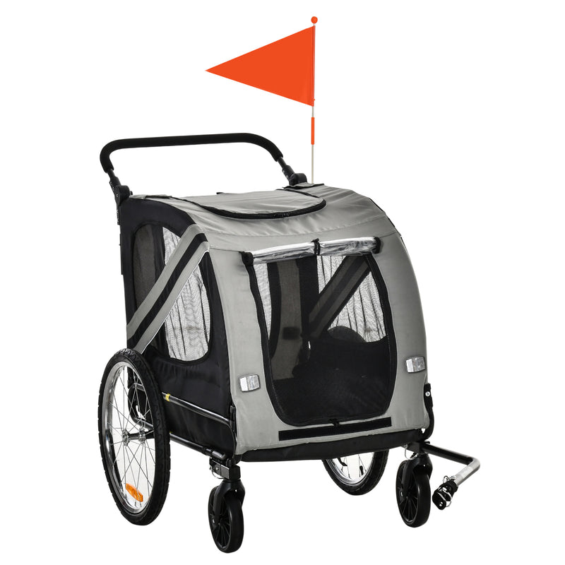 PawHut 2-In-1 Grey Dog Bike Trailer Stroller w/ Universal Wheel Reflector Flag