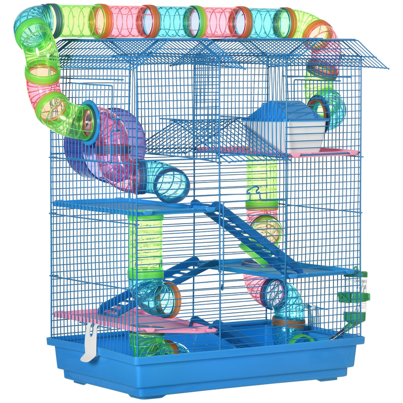 PawHut 5 Tier Hamster Cage Carrier Habitat with Exercise Wheels Tunnel Tube Water Bottle Dishes House Ladder for Dwarf Mice, Blue