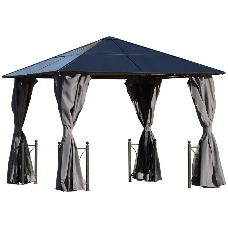 Outsunny 3x3(m) Hardtop Gazebo with Polycarbonate Roof, Netting and Curtains