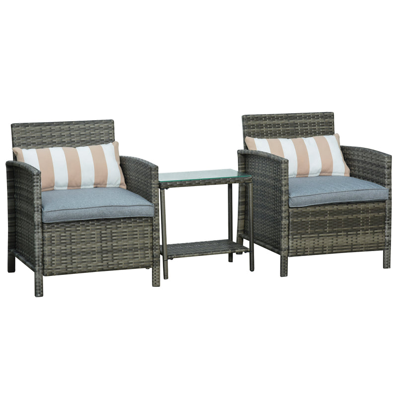 Outsunny 3 PC Outdoor Rattan Sofa Set w/ Chairs Coffee Table Cushion Grey