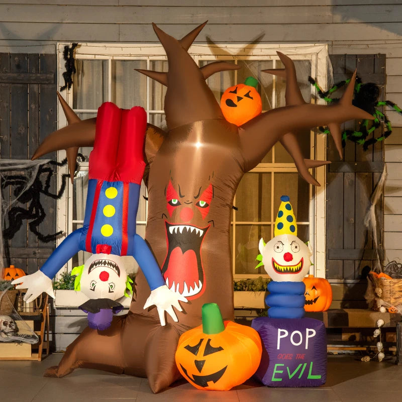 Halloween Inflatable Ghost Tree with Clowns and Pumpkins 7'