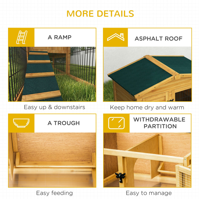 Pawhut Wooden Rabbit Hutch with Run, Asphalt Roof, Pull-Out Tray, Ramp, Yellow