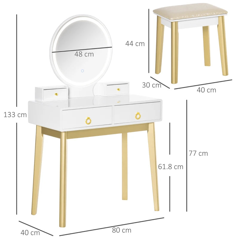 HOMCOM Dressing Table & Stool with Mirror and LED Lights - White