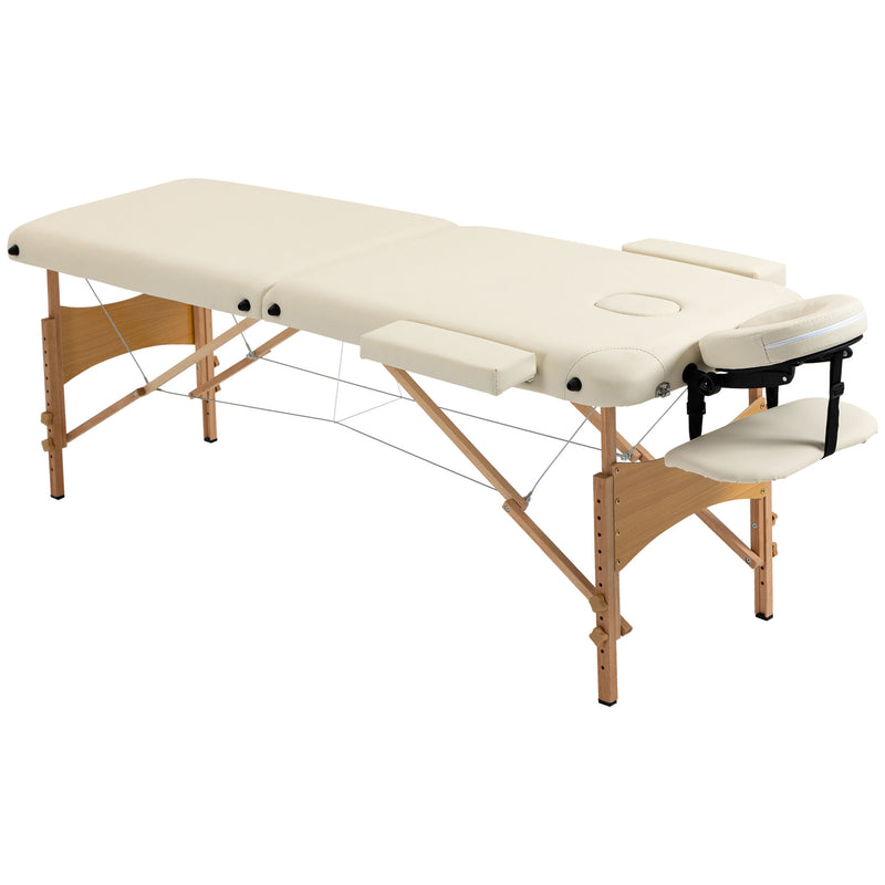 HOMCOM Wooden Folding Spa Beauty Massage Table w/ 2 Sections, Carry Bag, Cream