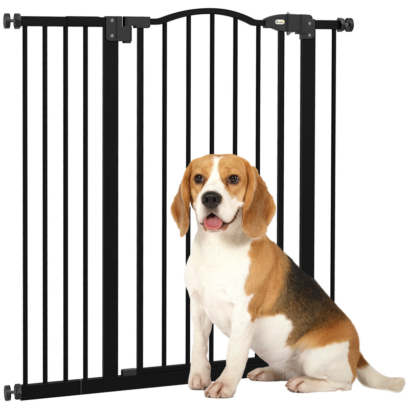 PawHut 74-94cm Adjustable Metal Pet Gate Safety Barrier w/ Auto-Close Door Black