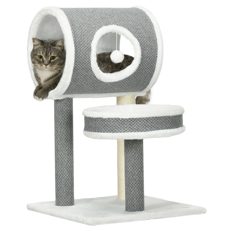 PawHut Cat Tower with Scratching Post, Cat Bed, Cat Tunnel, Toy Ball - White