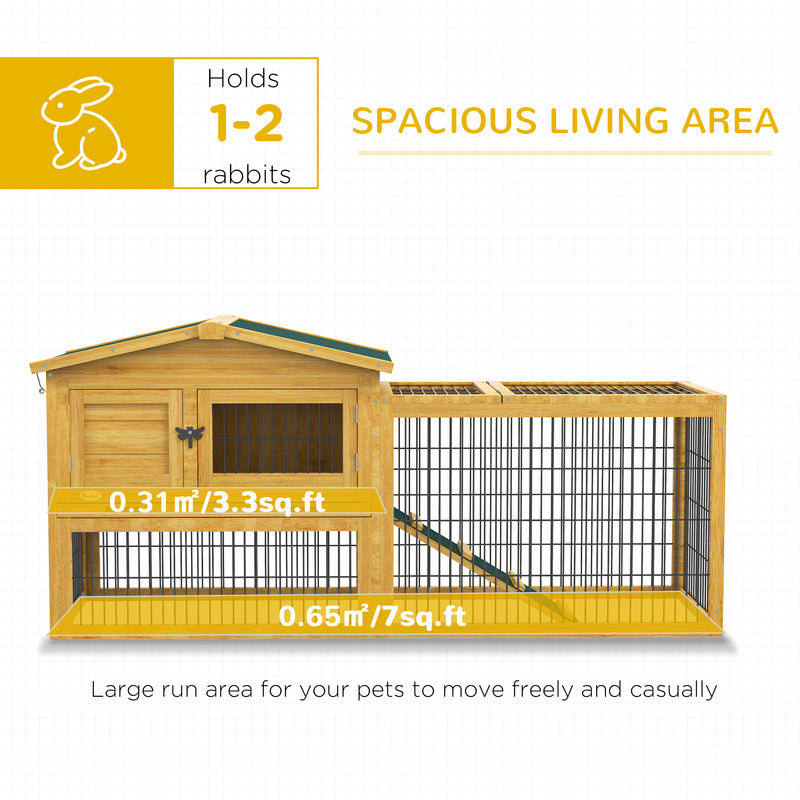 Pawhut Wooden Rabbit Hutch with Run, Asphalt Roof, Pull-Out Tray, Ramp, Yellow