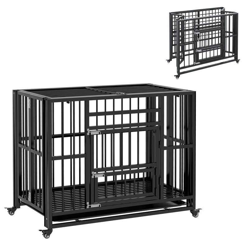 PawHut 37" Foldable Heavy Duty Dog Crate w/ Locks, Removable Tray, Wheels