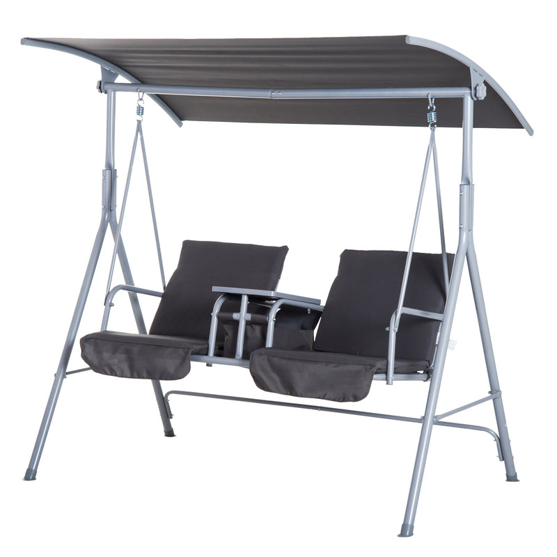 Outsunny 2 Person Covered Patio Swing with Pivot Table & Storage Console Grey