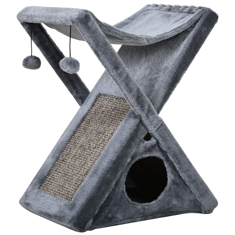 PawHut Plush Folding Cat Tree Play Rest Activity Tower w/ Scratching Post Grey