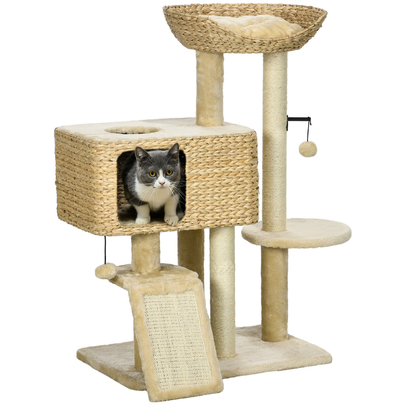 PawHut 95cm Cat Tree Tower w/ Scratching Post, Cat House, Ball, Platform - Beige