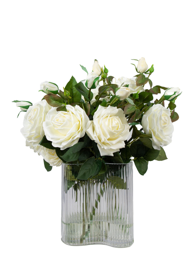 Mint Collection - Cream Rose Arrangement in Glass Vase - 7 Stems - 40x30x47cm