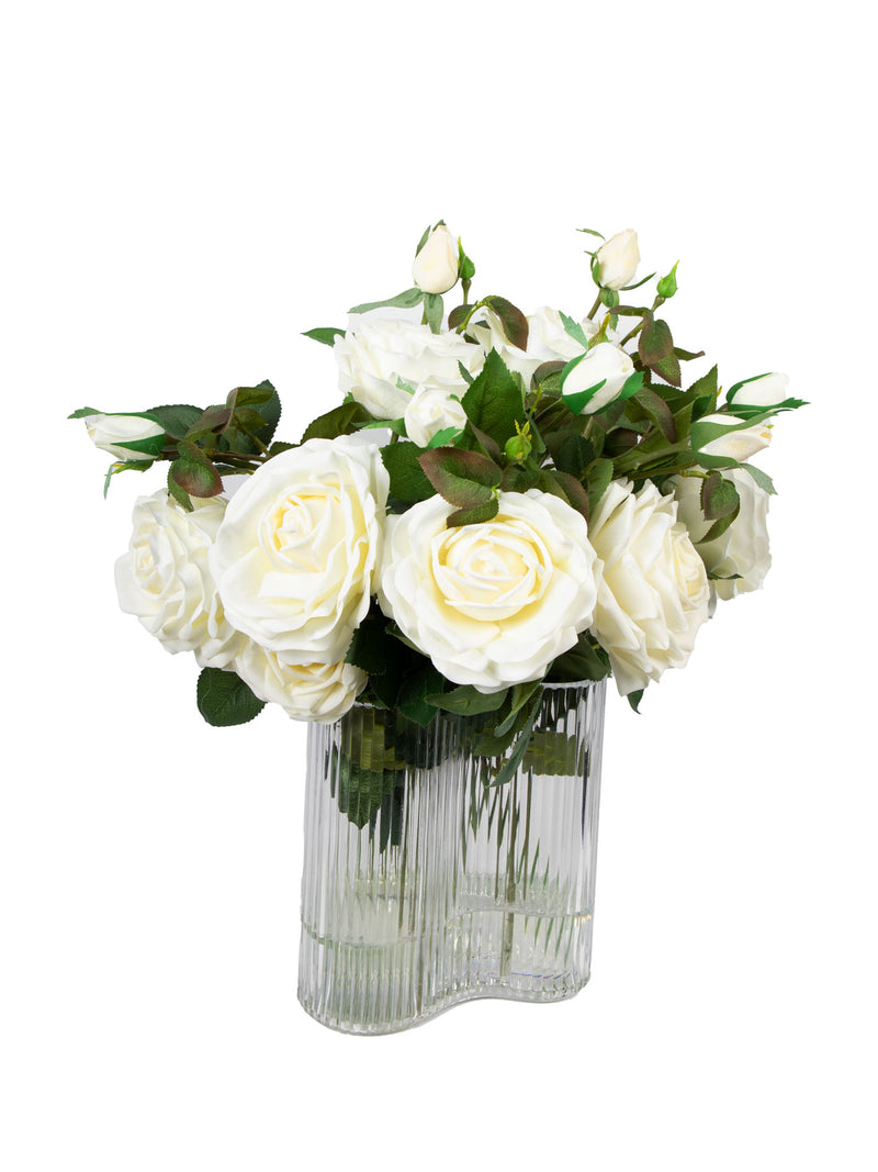 Mint Collection - Cream Rose Arrangement in Glass Vase - 7 Stems - 40x30x47cm