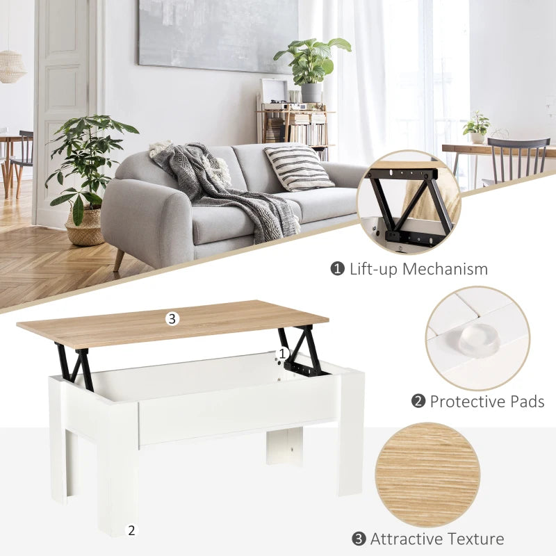 Lift Top Coffee Table with Hidden Storage Compartment, Lift Tabletop Pop-Up Centre Table for Living Room