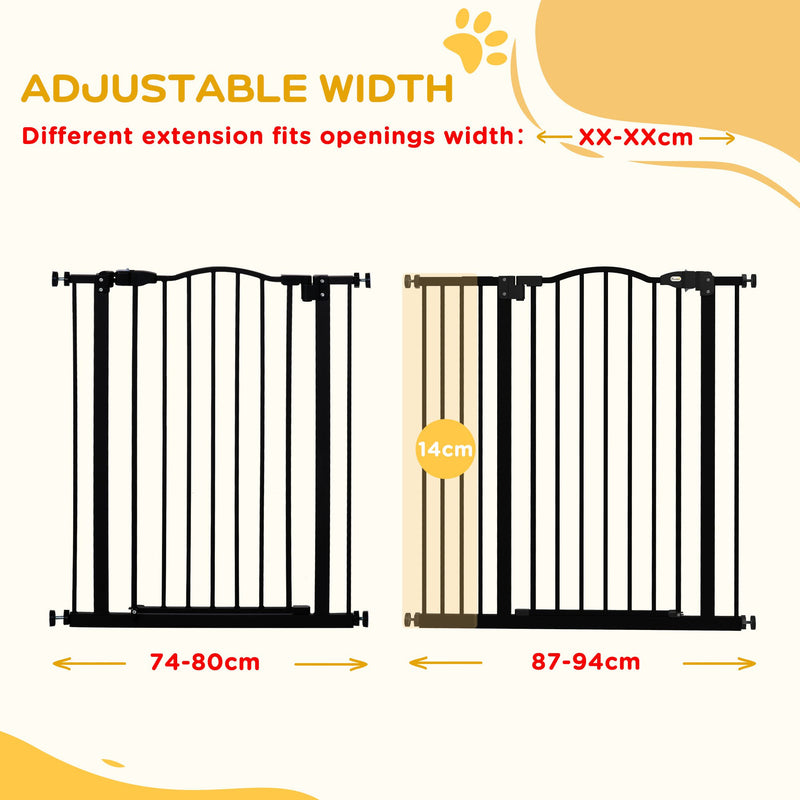 PawHut 74-94cm Adjustable Metal Pet Gate Safety Barrier w/ Auto-Close Door Black