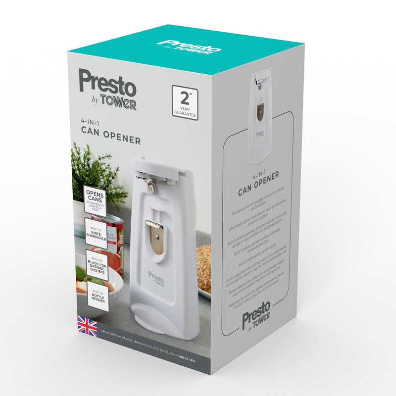 Presto 3 in 1 Can Opener with Knife Sharpener and Bottle Opener White