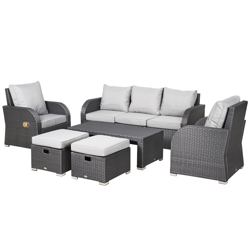 Outsunny 6pc Padded Outdoor Rattan Wicker 3-Seat Sofa Recliner Footstool Table