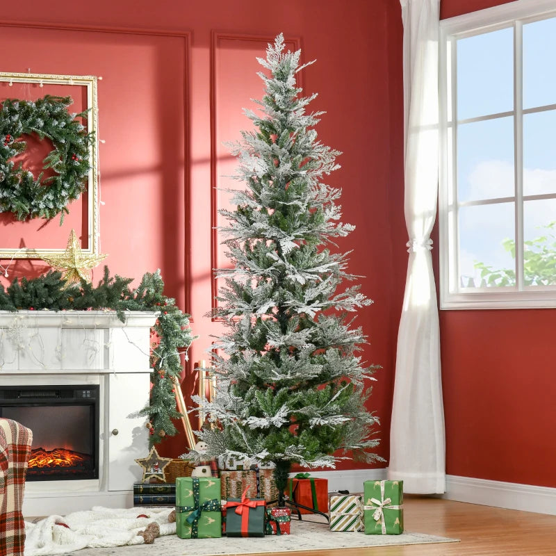 HOMCOM Christmas Tree Pencil Snow Flocked 6' with Realistic Cypress Branches