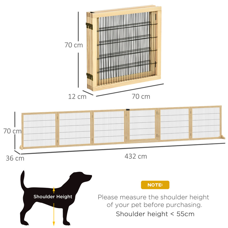 PawHut Freestanding Pet Dog Gate, Six-Panel Foldable Wooden Playpen, 432cm