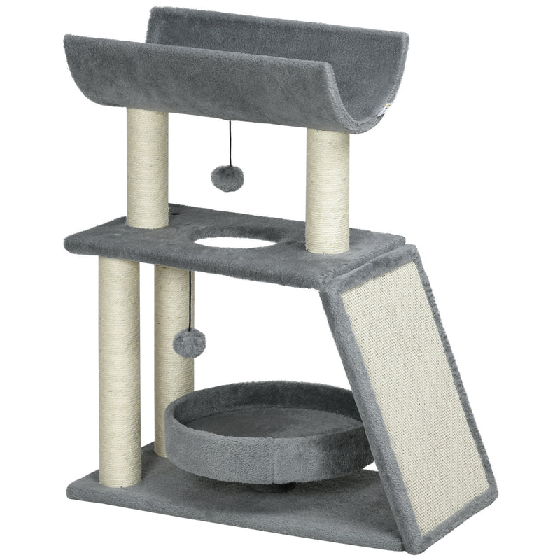 PawHut Cat Tree Kitten Tower w/ Scratching Post, Pad, Light Grey, Ball, Grey