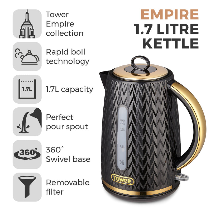 Tower Empire 3KW 1.7L Kettle with Brass Accents - Black