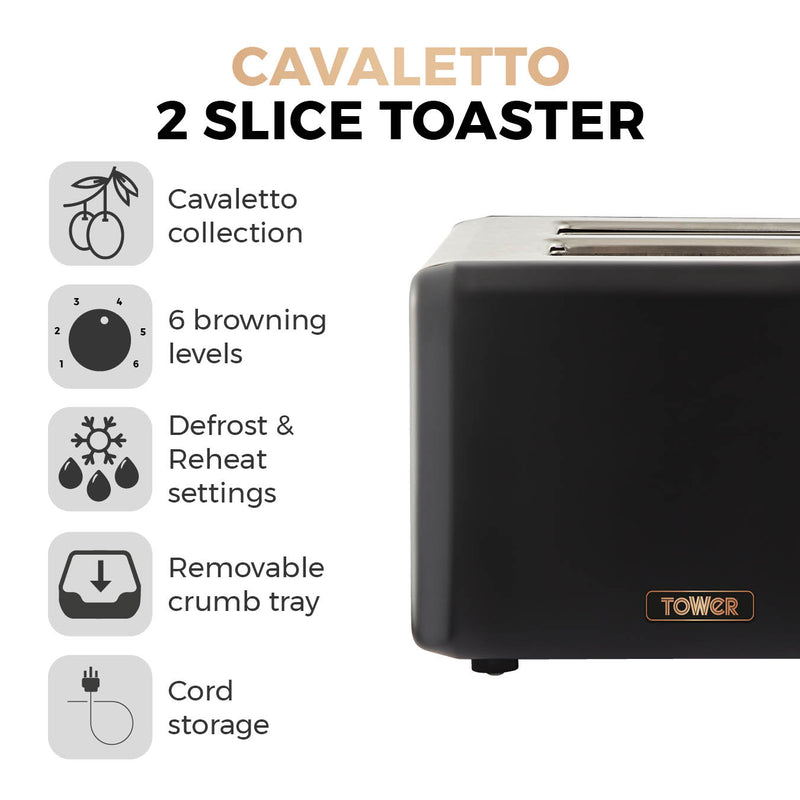 Tower Cavaletto 2 Slice Stainless Steel Toaster - Black